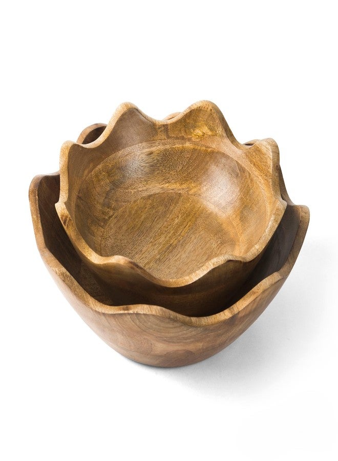 Mela Artisans Wooden Scalloped Bowl - Set of 2 Large & Medium |Mango Wood Natural Grain Finish | Fits Bread, Fruits, Salad or Popcorn | 12” x 4” x 12”, 10” x 4” x 10” - Image 1