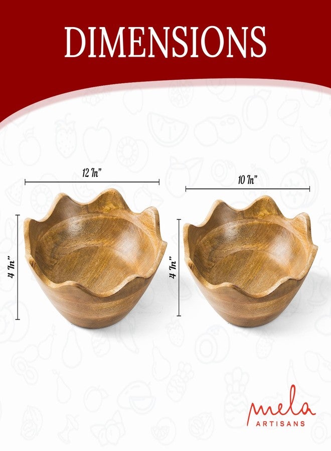 Mela Artisans Wooden Scalloped Bowl - Set of 2 Large & Medium |Mango Wood Natural Grain Finish | Fits Bread, Fruits, Salad or Popcorn | 12” x 4” x 12”, 10” x 4” x 10” - Image 2