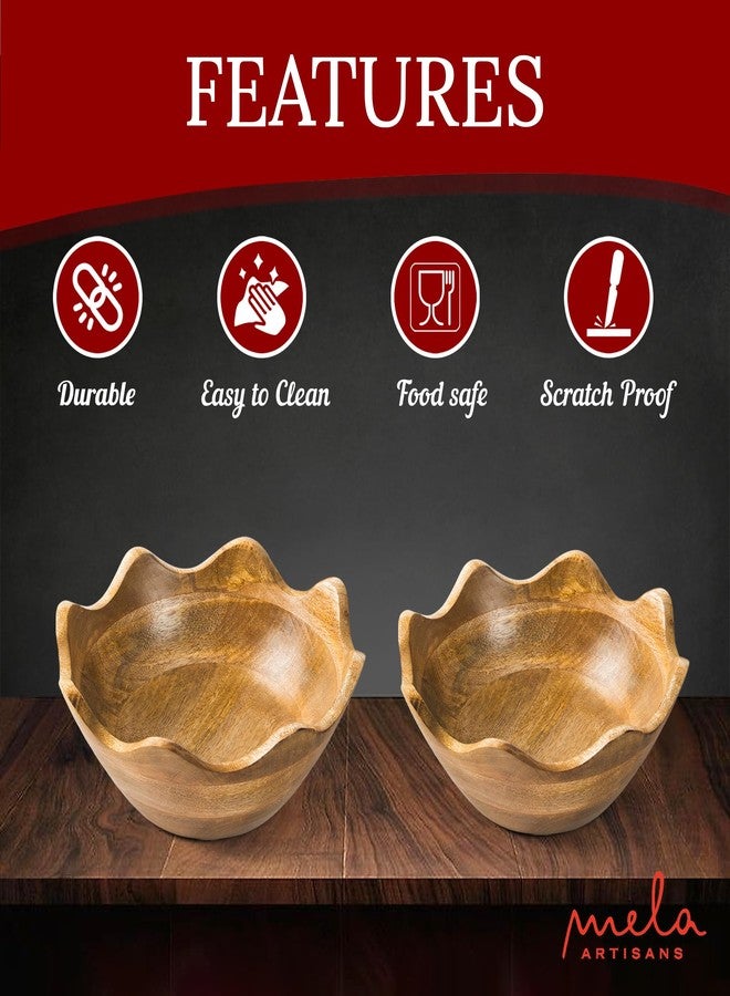 Mela Artisans Wooden Scalloped Bowl - Set of 2 Large & Medium |Mango Wood Natural Grain Finish | Fits Bread, Fruits, Salad or Popcorn | 12” x 4” x 12”, 10” x 4” x 10” - Image 3