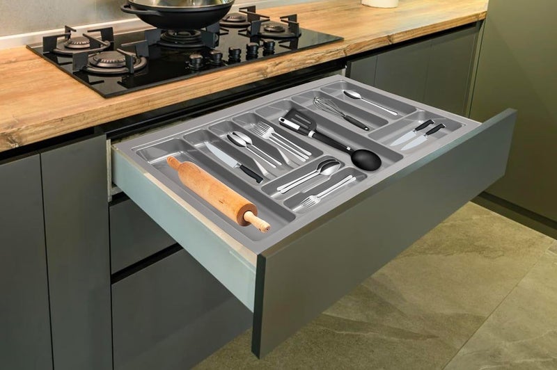 LEVON Plastic Cutlery Tray For Kitchen Drawer,Cutlery Stationery Organizer, Moduler Kitchen Basket, Grey, (32 X19 Inch) - Image 1