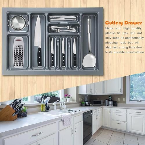 LEVON Plastic Cutlery Tray For Kitchen Drawer,Cutlery Stationery Organizer, Moduler Kitchen Basket, Grey, (32 X19 Inch) - Image 4