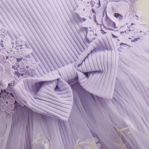 ZAXARRA Newborn Baby Girl Summer Dress Ruffle Sleeveless Floral Embroidery Romper Dress Headband Beautiful Clothes Set (Purple, 0-3 Months) - Image 4