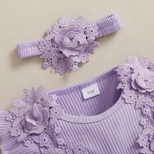 ZAXARRA Newborn Baby Girl Summer Dress Ruffle Sleeveless Floral Embroidery Romper Dress Headband Beautiful Clothes Set (Purple, 0-3 Months) - Image 2