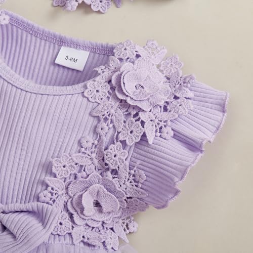 ZAXARRA Newborn Baby Girl Summer Dress Ruffle Sleeveless Floral Embroidery Romper Dress Headband Beautiful Clothes Set (Purple, 0-3 Months) - Image 3