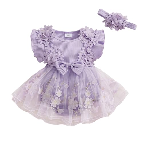 ZAXARRA Newborn Baby Girl Summer Dress Ruffle Sleeveless Floral Embroidery Romper Dress Headband Beautiful Clothes Set (Purple, 0-3 Months) - Image 1