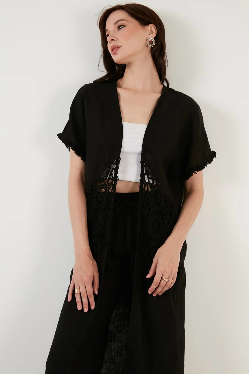 Lela Linen Comfortable Fit Pocket Knitted Detailed Wide Leg Kimono Set Women's Set 42190429