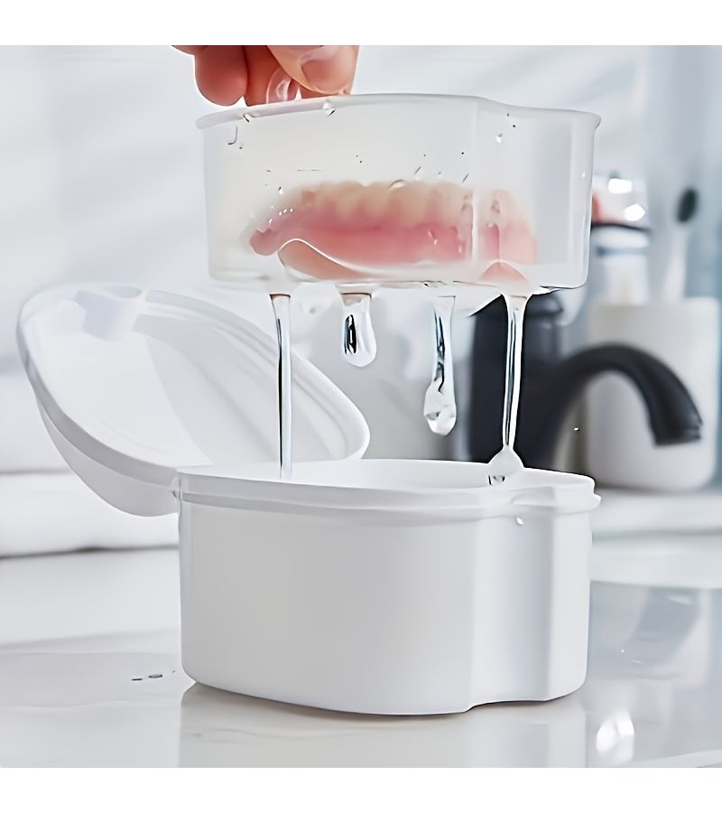 2pcs Denture Cleaning Kit For Deep Clean Gaps And Residue Black Filtered Rinse Cup And Sealed Plastic Case Includes Double Layer Denture Case Stand Case With Drainage Mesh - Image 1