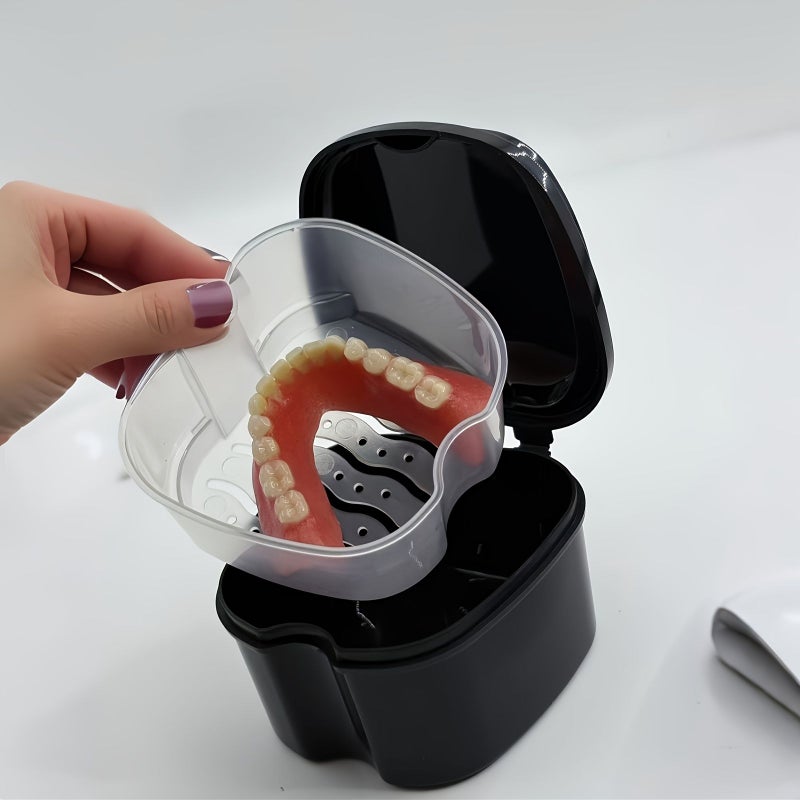 2pcs Denture Cleaning Kit For Deep Clean Gaps And Residue Black Filtered Rinse Cup And Sealed Plastic Case Includes Double Layer Denture Case Stand Case With Drainage Mesh - Image 2