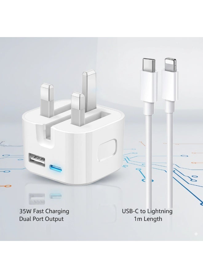 35W Charger Charging Adapter Dual Port USB-A Type-C with One Cable Type-C  to Lightning, Super Fast Charging Power Port  Wall Charger, 35W Foldable UK Power Plug Travel Adapter, iPhone Samsung Android Tabs - Image 1
