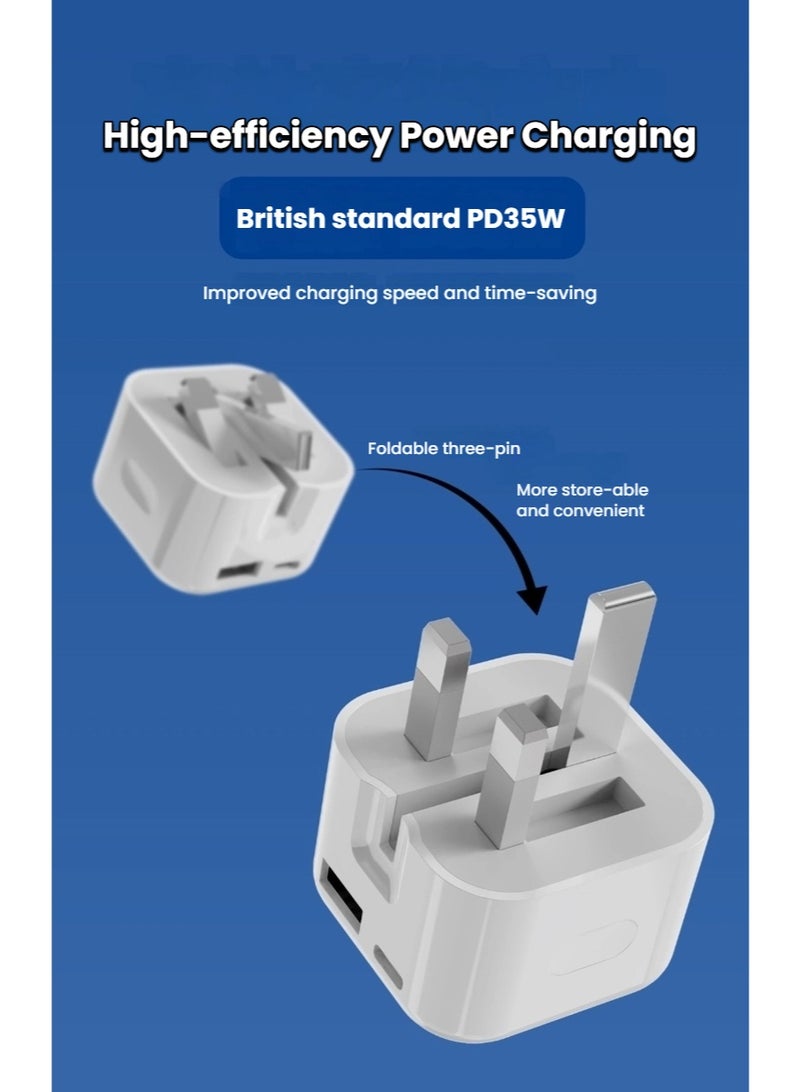 35W Charger Charging Adapter Dual Port USB-A Type-C with One Cable Type-C  to Lightning, Super Fast Charging Power Port  Wall Charger, 35W Foldable UK Power Plug Travel Adapter, iPhone Samsung Android Tabs - Image 2