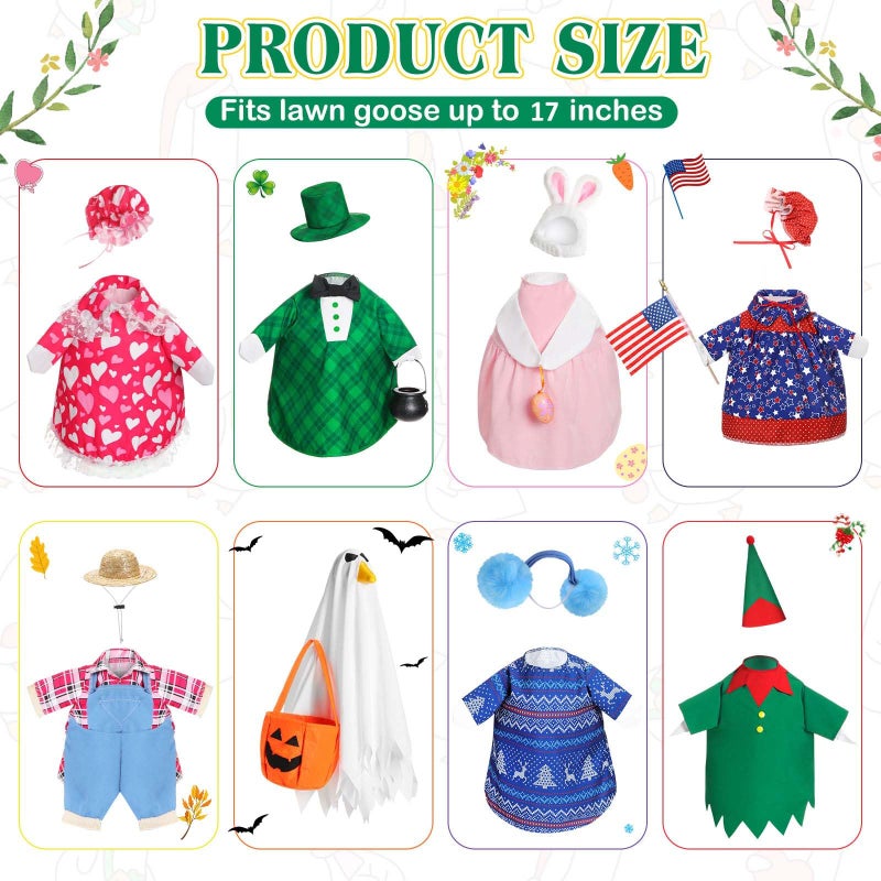 Silicherry 8 Set Holiday Seasonal Baby Goose Outfits for 17" Cement Porch Goose Statue Valentine Easter Spring St. Patrick All Season Costume for Lawn Garden Patio Indoor Outdoor Decor(Basic Style) - Image 2