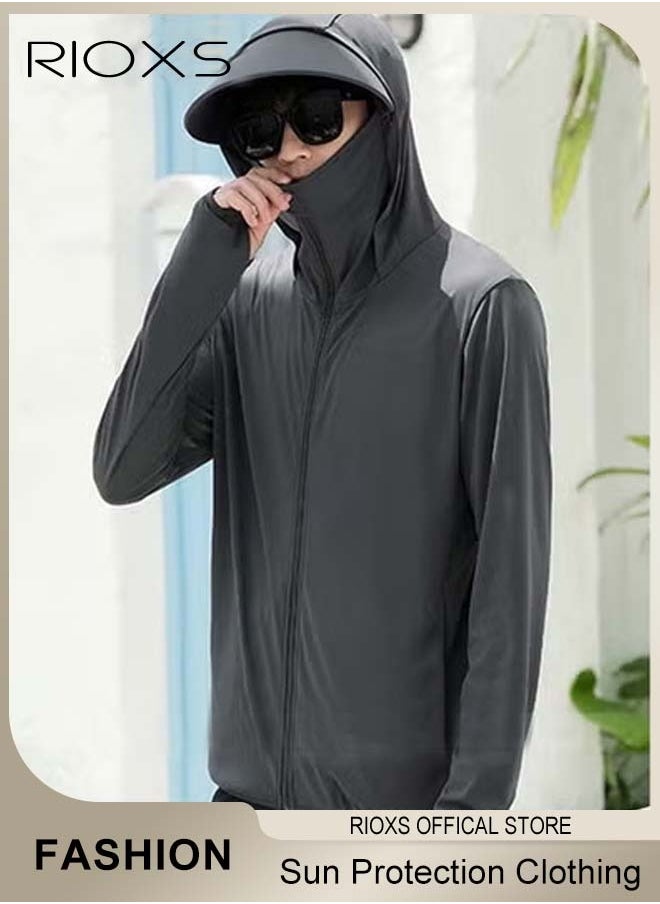 RIOXS - Men's UPF 50+ Sun Protection Clothing, Outdoor Lightweight Full Zip Hoodie Jacket with Face Mask Design, Comfy Breathable Long Sleeve Coat with Thumbholes and Large Brim, Suitable for Daily Wear, Sports Training, Hiking, Fishing, Climbing or Other Outdoor Activities - Image 1