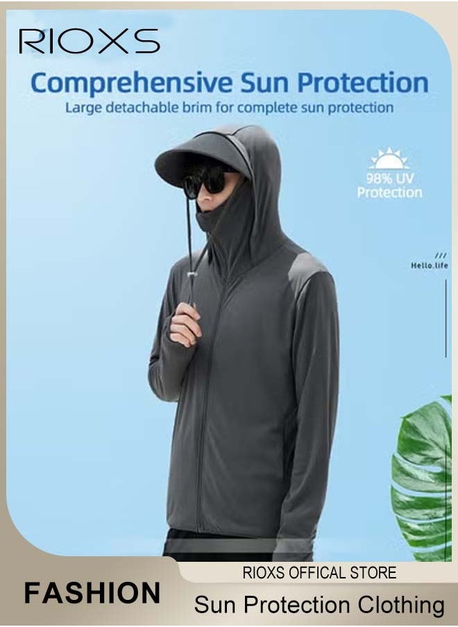 RIOXS - Men's UPF 50+ Sun Protection Clothing, Outdoor Lightweight Full Zip Hoodie Jacket with Face Mask Design, Comfy Breathable Long Sleeve Coat with Thumbholes and Large Brim, Suitable for Daily Wear, Sports Training, Hiking, Fishing, Climbing or Other Outdoor Activities - Image 1