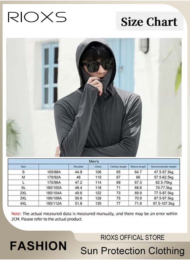 RIOXS - Men's UPF 50+ Sun Protection Clothing, Outdoor Lightweight Full Zip Hoodie Jacket with Face Mask Design, Comfy Breathable Long Sleeve Coat with Thumbholes and Large Brim, Suitable for Daily Wear, Sports Training, Hiking, Fishing, Climbing or Other Outdoor Activities - Image 1