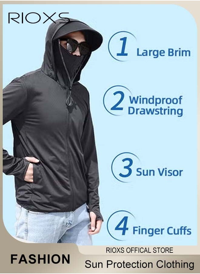 RIOXS - Men's UPF 50+ Sun Protection Clothing, Outdoor Lightweight Full Zip Hoodie Jacket with Face Mask Design, Comfy Breathable Long Sleeve Coat with Thumbholes and Large Brim, Suitable for Daily Wear, Sports Training, Hiking, Fishing, Climbing or Other Outdoor Activities - Image 1