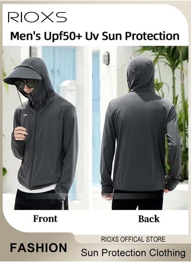 RIOXS - Men's UPF 50+ Sun Protection Clothing, Outdoor Lightweight Full Zip Hoodie Jacket with Face Mask Design, Comfy Breathable Long Sleeve Coat with Thumbholes and Large Brim, Suitable for Daily Wear, Sports Training, Hiking, Fishing, Climbing or Other Outdoor Activities - Image 1