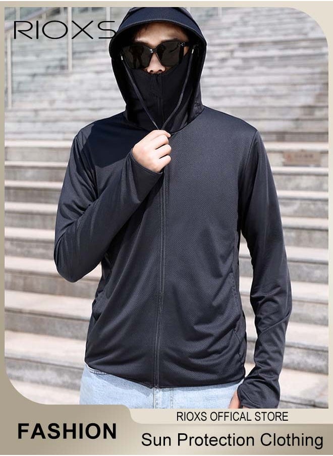 RIOXS - Men's UPF 50+ Sun Protection Clothing, Outdoor Lightweight Full Zip Hoodie Jacket with Face Mask Design, Comfy Breathable Long Sleeve Coat with Thumbholes and Large Brim, Suitable for Daily Wear, Sports Training, Hiking, Fishing, Climbing or Other Outdoor Activities - Image 1