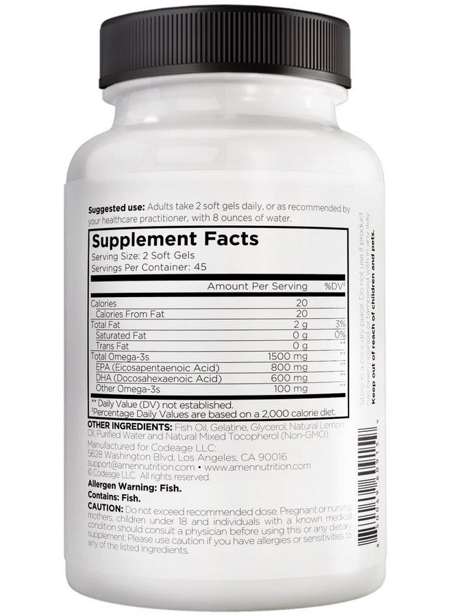 Amen Omega3 Supplement 1500Mg Highpotency Daily Omega 3 Epa And Dha Fatty Acids Fish Oil 45Day Supply Heart Health Immune Brain Cognition Memory Support Vitamins 90 Soft Gels Capsules - Image 3