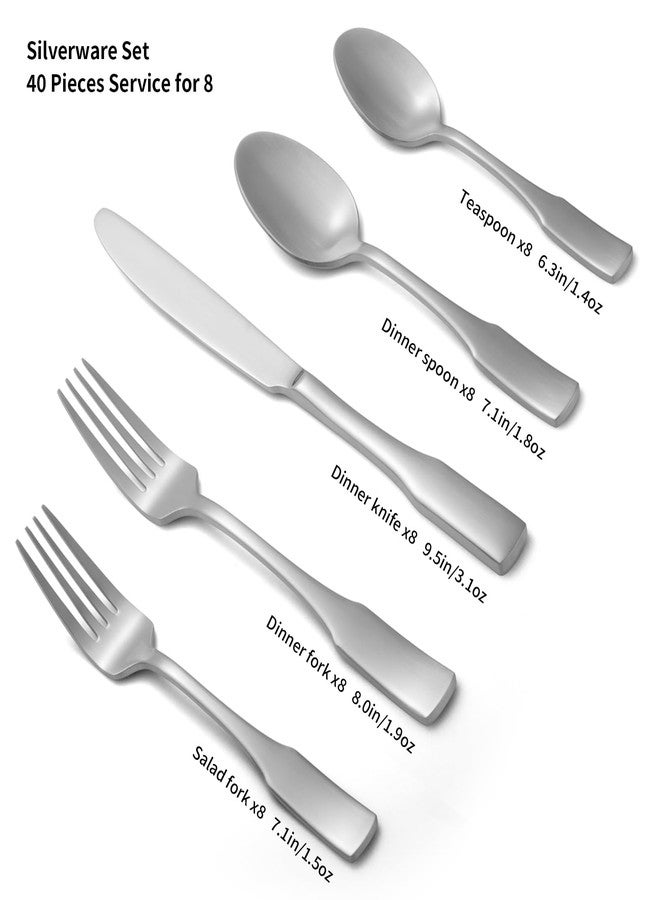 Alata Kate Satin 40-Piece Silverware Set,Service for 8,Stainless Steel Flatware Set,Matte Satin Polished Cutlery Set,Dishwasher Safe - Image 3