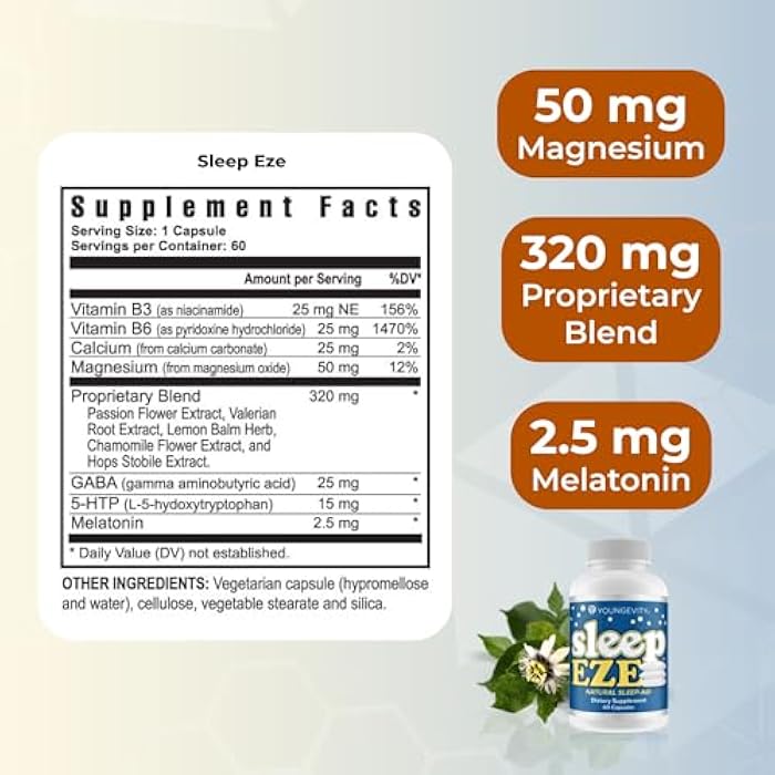 Youngevity Sleep Eze - Natural Sleep Support - Valerian Root, Passion Flower, 5-HTP, Melatonin - Non-Habit Forming - Sleeping Support Supplement - (60 Capsules) - Image 3