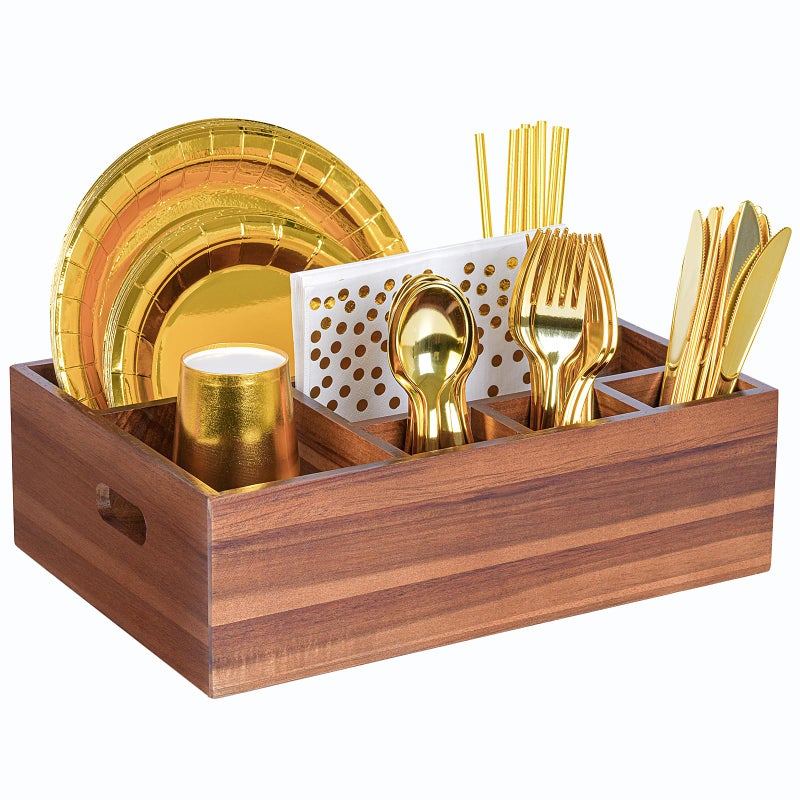Eleckey Acacia Wood Utensil Holder Organizer for Partyï¼ŒPaper Plate Dispenser for Kitchen Counter - Image 1