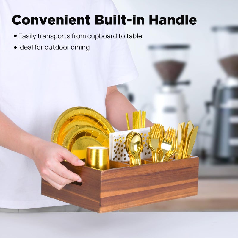 Eleckey Acacia Wood Utensil Holder Organizer for Partyï¼ŒPaper Plate Dispenser for Kitchen Counter - Image 3