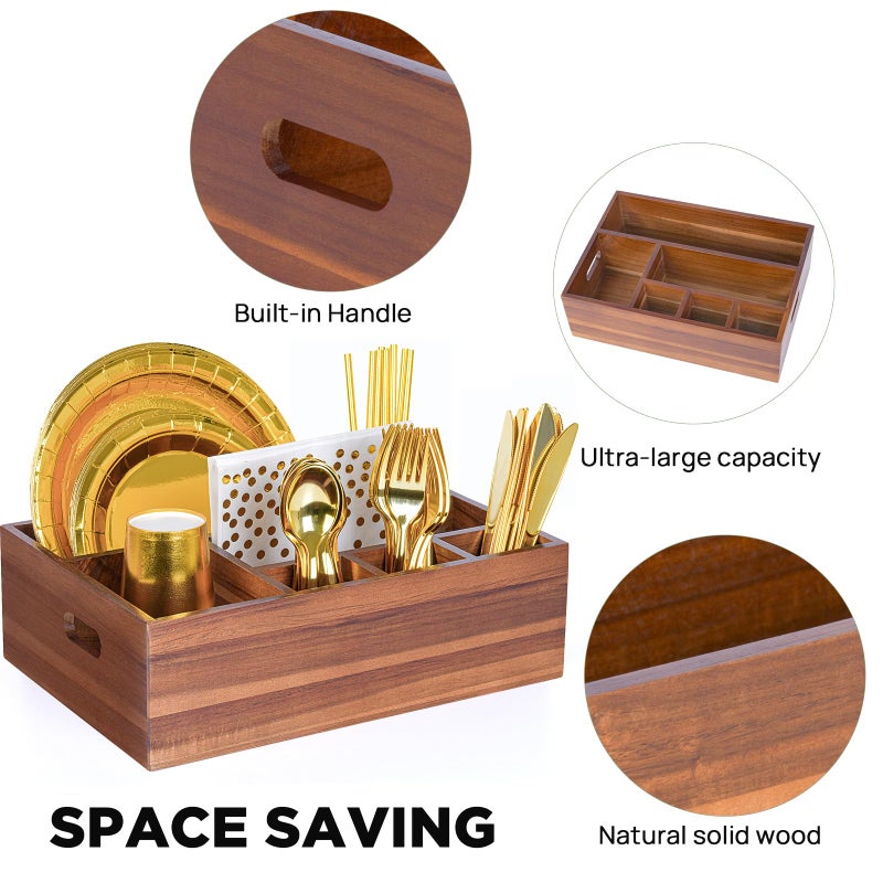 Eleckey Acacia Wood Utensil Holder Organizer for Partyï¼ŒPaper Plate Dispenser for Kitchen Counter - Image 4