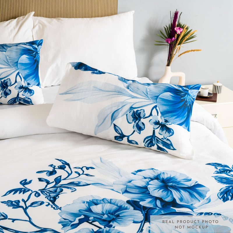 RUSTIQUE LINENS أقمشة رستيك | مطبوعة رقمياً بتقنية الحبر التفاعلي | مجموعة ملاءات سرير فاخرة 100% قطن عضوي 300 خيط | لمسة ناعمة تشبه الساتان | أزرق مزهر - Image 4