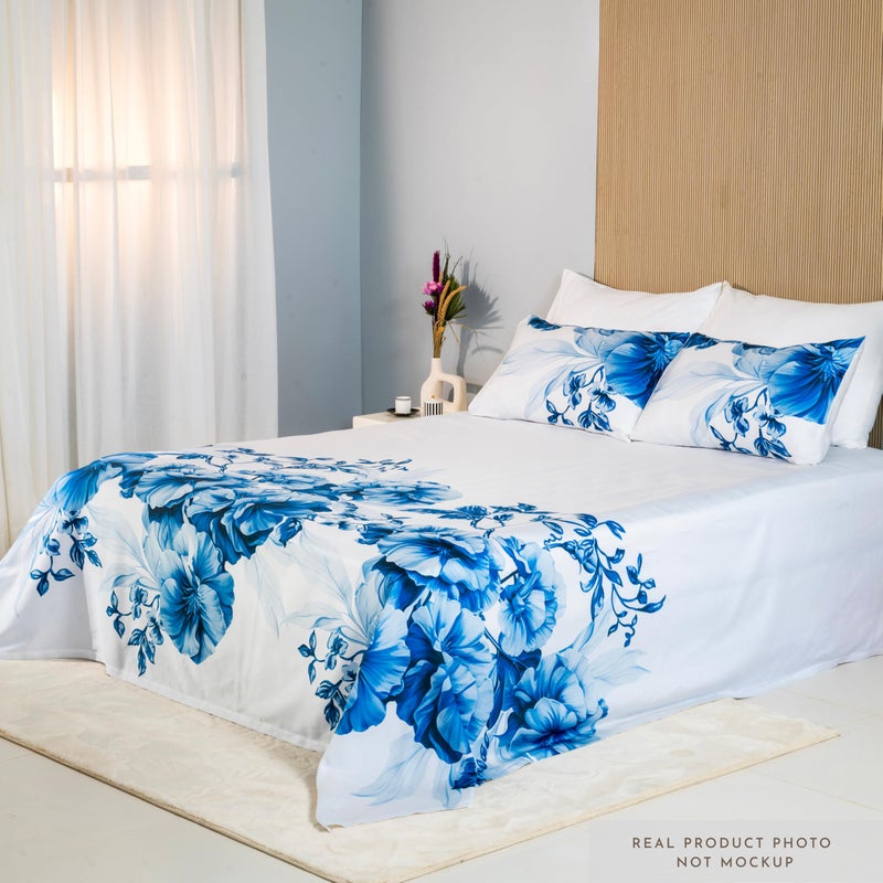 RUSTIQUE LINENS أقمشة رستيك | مطبوعة رقمياً بتقنية الحبر التفاعلي | مجموعة ملاءات سرير فاخرة 100% قطن عضوي 300 خيط | لمسة ناعمة تشبه الساتان | أزرق مزهر - Image 3
