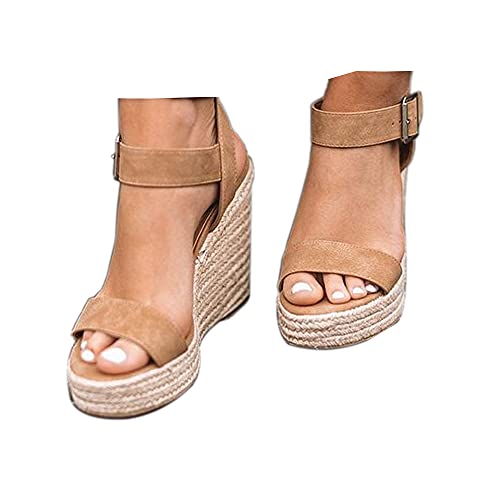SUMOJIU Women'S Wedge Sandals Platform, Ankle Strap Wedge Sandals Open Toe Casual Summer Straw Woven Classic Wedge Sandals SIZE 6.5 - Image 1