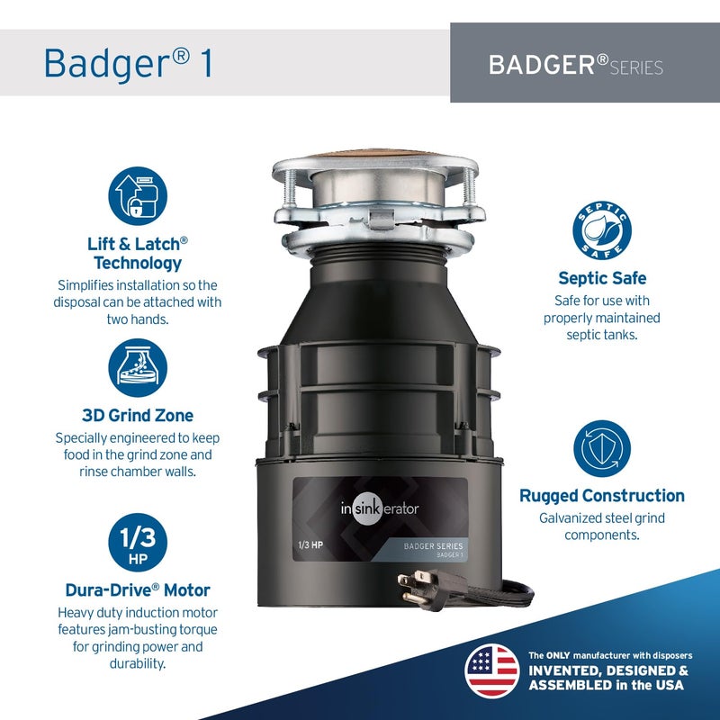 InSinkErator Garbage Disposal with Power Cord, Badger 1, Standard Series, 1/3 HP Continuous Feed, Black - Image 2