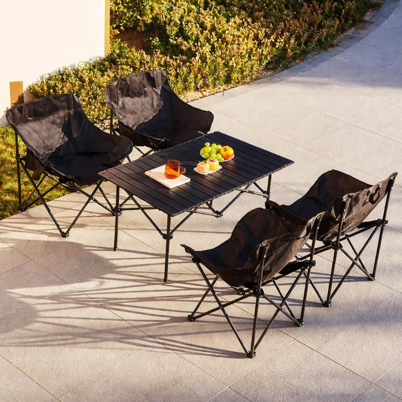 Hompenny 5Pcs Camping Chair Set, Foldable Camping Table & Chair with Side Pocket, Carry Bag, Ideal for Patio, Garden, Living Room (Black, 95×55×50cm) - Image 1