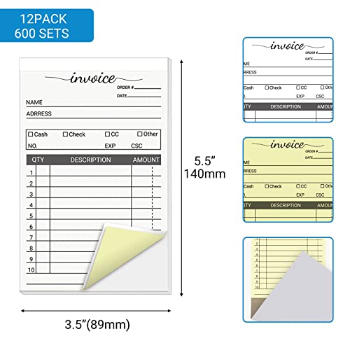 suituts 12 Pack Invoice Books for Small Business, 3.5 x 5.5 Inch 2 Part Carbonless Receipt Books, Carbon Duplicate Copy Order Form Book, Convenient Invoice Pads, 50 Sets Each Pad,Total 600 Sets - Image 2