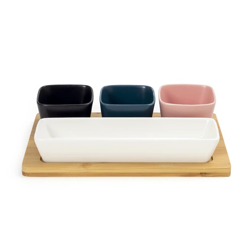 EZ Life Multicolor Fusion 4 Ceramic Serving Bowls on Wooden Tray,Serving Tray & Platterfor Guests, Kitchenware, Bowls with Wooden Tray - Image 1