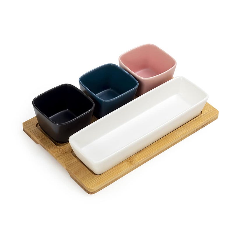EZ Life Multicolor Fusion 4 Ceramic Serving Bowls on Wooden Tray,Serving Tray & Platterfor Guests, Kitchenware, Bowls with Wooden Tray - Image 3