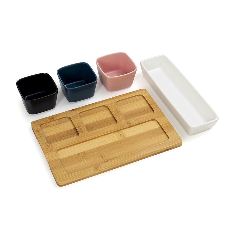 EZ Life Multicolor Fusion 4 Ceramic Serving Bowls on Wooden Tray,Serving Tray & Platterfor Guests, Kitchenware, Bowls with Wooden Tray - Image 5