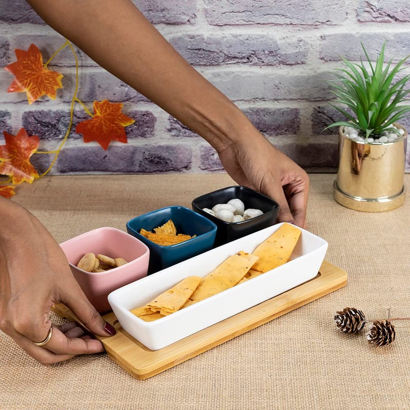 EZ Life Multicolor Fusion 4 Ceramic Serving Bowls on Wooden Tray,Serving Tray & Platterfor Guests, Kitchenware, Bowls with Wooden Tray - Image 4