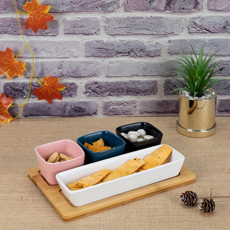EZ Life Multicolor Fusion 4 Ceramic Serving Bowls on Wooden Tray,Serving Tray & Platterfor Guests, Kitchenware, Bowls with Wooden Tray - Image 2