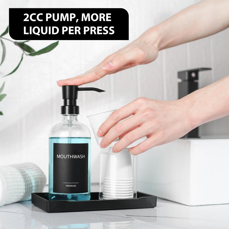 TOLDATLI Mouthwash Dispenser for Bathroom, Glass Mouth Wash Pump Dispenser with Cup Holder, 17 Fl Oz Mouthwash Bottle Decanter with Tray, Refillable Mouthwash Dispenser Container - Image 4