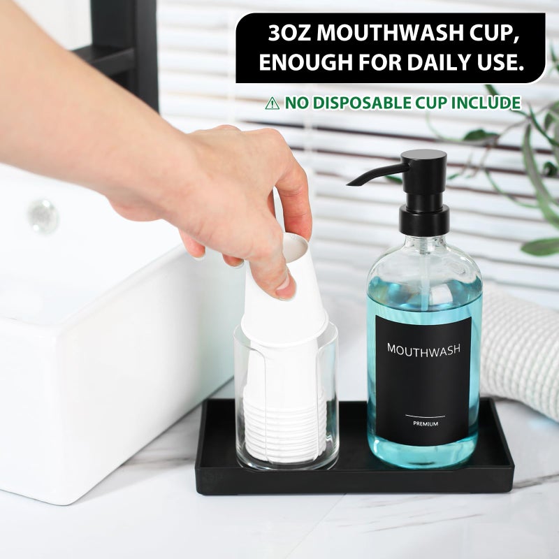 TOLDATLI Mouthwash Dispenser for Bathroom, Glass Mouth Wash Pump Dispenser with Cup Holder, 17 Fl Oz Mouthwash Bottle Decanter with Tray, Refillable Mouthwash Dispenser Container - Image 3