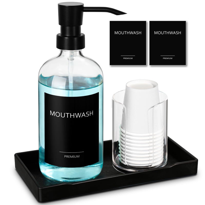 TOLDATLI Mouthwash Dispenser for Bathroom, Glass Mouth Wash Pump Dispenser with Cup Holder, 17 Fl Oz Mouthwash Bottle Decanter with Tray, Refillable Mouthwash Dispenser Container - Image 1