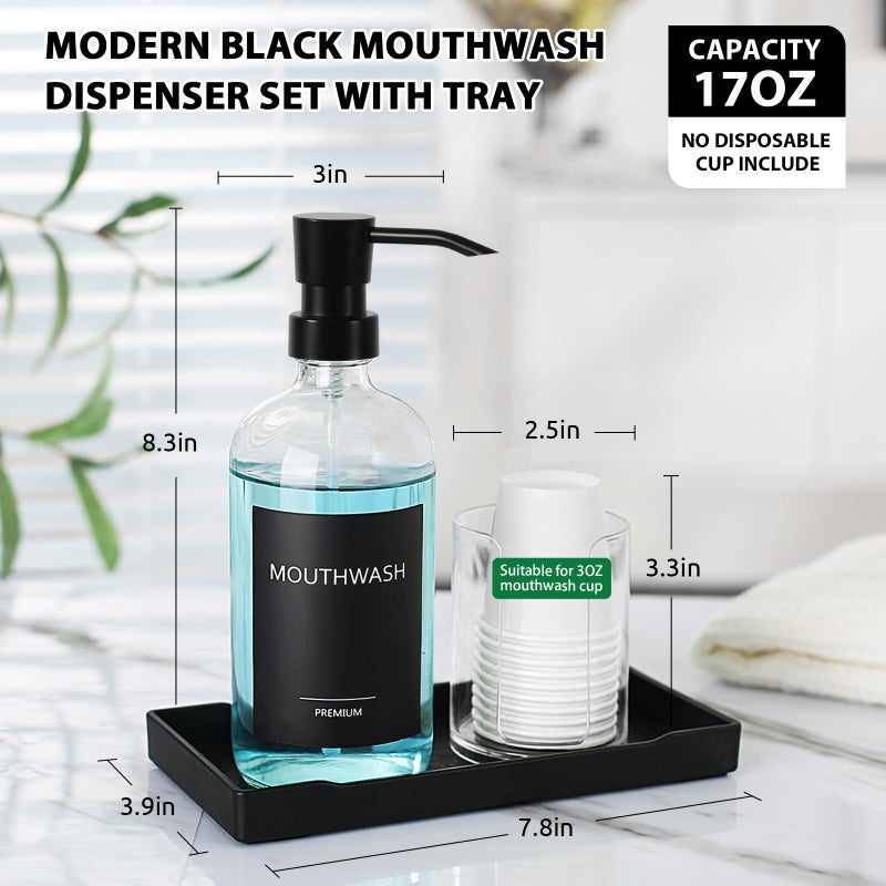 TOLDATLI Mouthwash Dispenser for Bathroom, Glass Mouth Wash Pump Dispenser with Cup Holder, 17 Fl Oz Mouthwash Bottle Decanter with Tray, Refillable Mouthwash Dispenser Container - Image 2