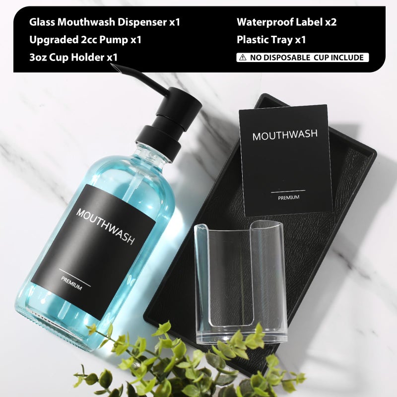 TOLDATLI Mouthwash Dispenser for Bathroom, Glass Mouth Wash Pump Dispenser with Cup Holder, 17 Fl Oz Mouthwash Bottle Decanter with Tray, Refillable Mouthwash Dispenser Container - Image 5