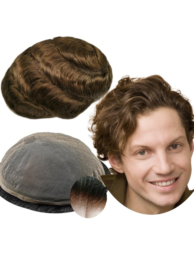 YANAHAIR - Toupee for Men - Real Human Hair Replacement System - Fine French Lace Hairpiece - Customizable Hair Units - Natural-Looking Hair Pieces - Hair Prosthesis - #4 Light Brown - 8x10 - Wavy - Image 1