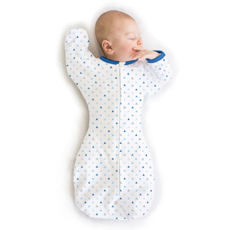 SwaddleDesigns SwaddleDesigns Transitional Swaddle Sack Arms Up HalfLength Sleeves Mitten Cuffs Swaddle for Newborn Transition to Baby Sleep Sack Wearable Blanket Small 03 month 614 lb Blue Tiny Triangles 