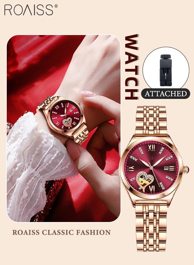 رويس ساعة كوارتز نسائية بسوار فولاذي، ساعة ذات قرص مستدير أحمر مزينة بأحجار الراين ونمط قلب مجوف، ساعة مضيئة مقاومة للماء كهدية للنساء - Image 1