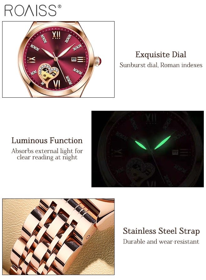 رويس ساعة كوارتز نسائية بسوار فولاذي، ساعة ذات قرص مستدير أحمر مزينة بأحجار الراين ونمط قلب مجوف، ساعة مضيئة مقاومة للماء كهدية للنساء - Image 5