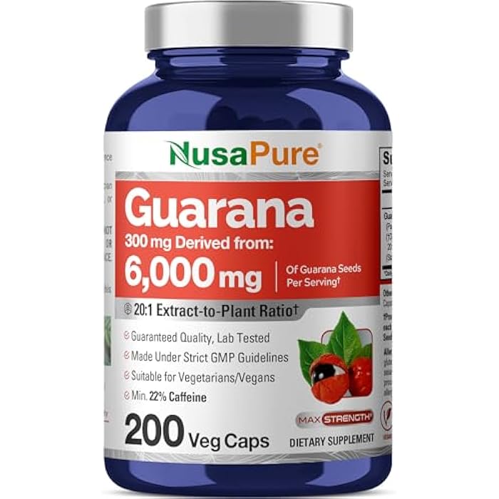 NusaPure Guarana Extract 20:1 Extract, 300 mg Equivalent to 6,000 mg per Veggie Caps 200 Count (Non-GMO, Vegan) - Image 1