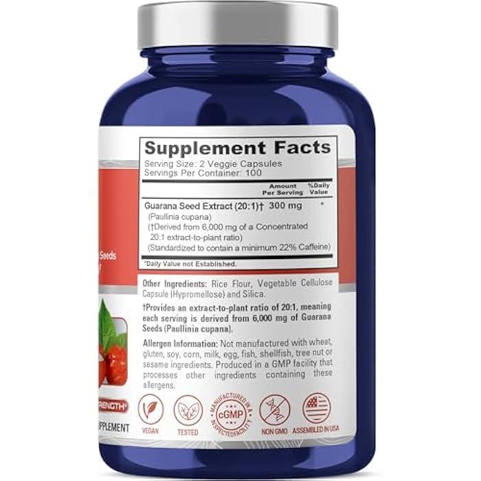 NusaPure Guarana Extract 20:1 Extract, 300 mg Equivalent to 6,000 mg per Veggie Caps 200 Count (Non-GMO, Vegan) - Image 2