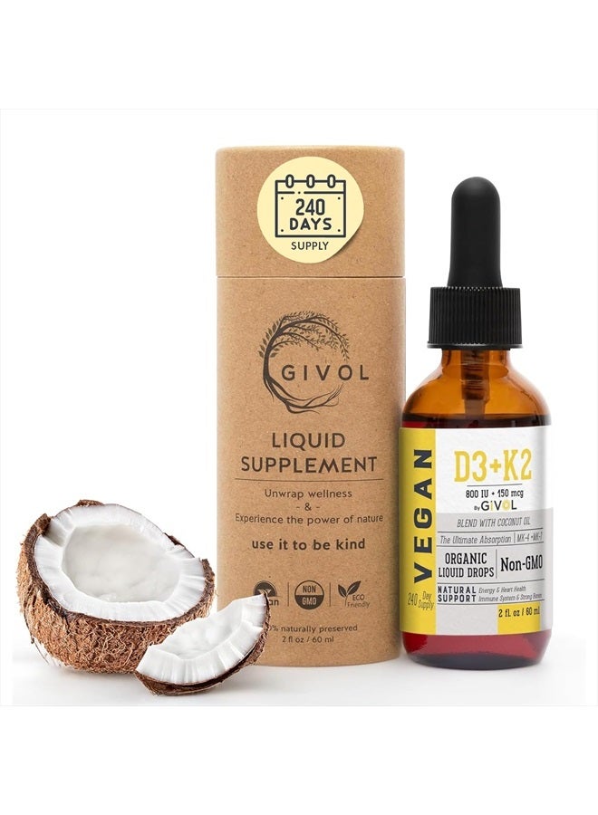 GIVOL Vitamin D3 + K2 Liquid Drops (MK4 & MK7) Organic Fractionated Coconut Oil, Plant-Based, Gluten-Free, Dairy-Free, Soy-Free, Nut-Free - High Potency, Derived from Lichen & Natto, 2oz 240 Days Supply - Image 1